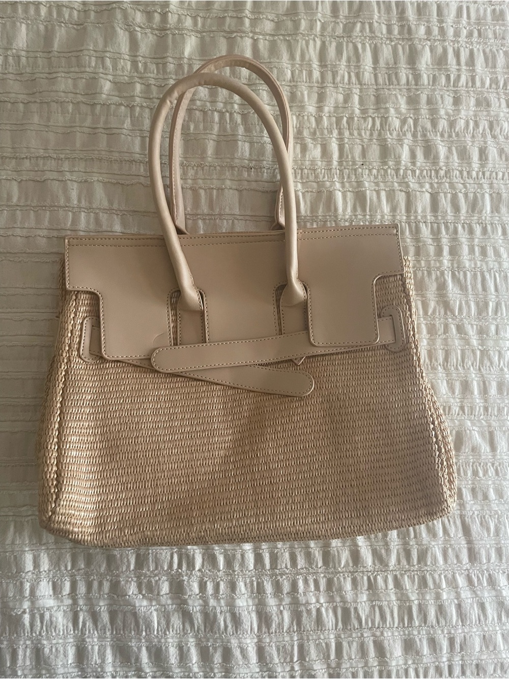 Trendy boutique Beige Woven Tote with Leather Trim